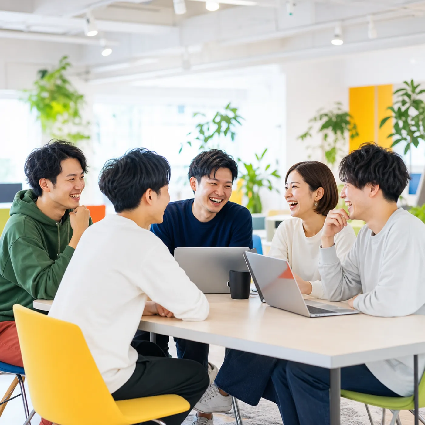 テーブルを囲んで話すチーム